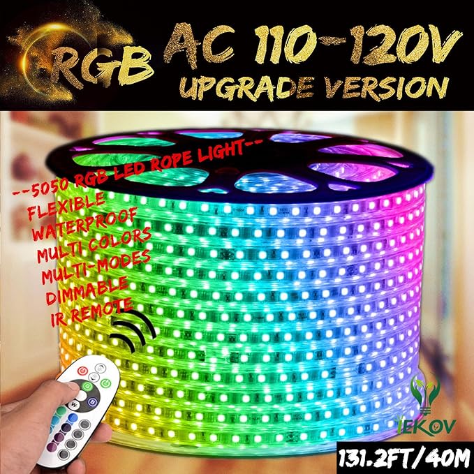 RGB LED Strip Light, AC 110-120V Flexible/Waterproof/Multi Colors/Multi-Modes Function/Dimmable SMD5050 LED Rope Light with Remote for Home/Office/Building Decoration (131.2ft/40m)