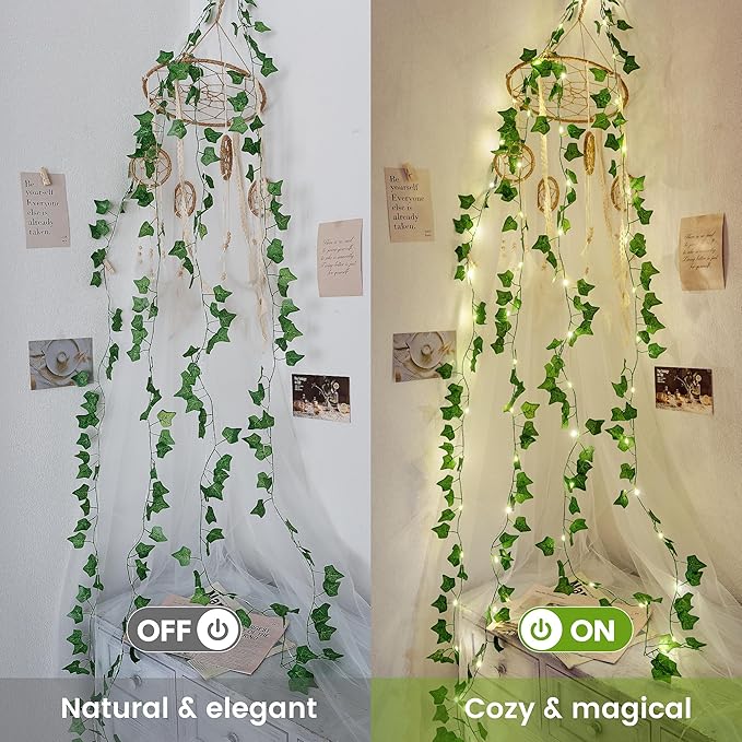 Vine Leaf with Fairy Lights, 23FT 73 LED Lighted Ivy Spring Garland Lights, Battery or USB Powered for Dorm Room, Bedroom & Creative Wall Decor, Warm White
