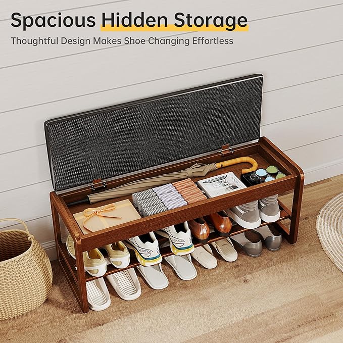 Shoe Rack Bench with Flip-Top Storage, Rubberwood 2-Tier Shoe Organizer with Cushion, Long Wooden Shoe Stand for Entryway, Mudroom, Hallway, Closet, Front Door Entrance, Foyer