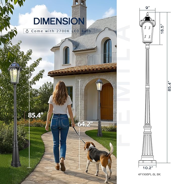 FEMILA Solar Lamp Posts Outdoor Lighting, 85.4" Aluminum Glass Outdoor Pole Lights, Dusk to Dawn Solar Street Light with Remote Control for Yard Garden Driveway, 4FYX95PL-SL BK