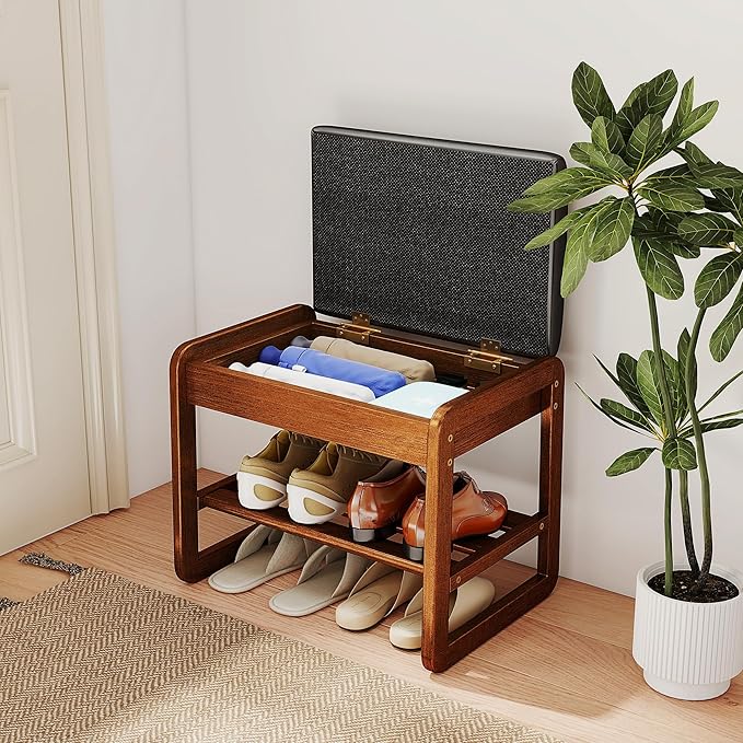 Shoe Rack Bench with Flip-Top Storage, Rubberwood 2-Tier Shoe Organizer with Cushion, Small Wooden Shoe Stand for Entryway, Mudroom, Hallway, Closet, Front Door Entrance, Foyer