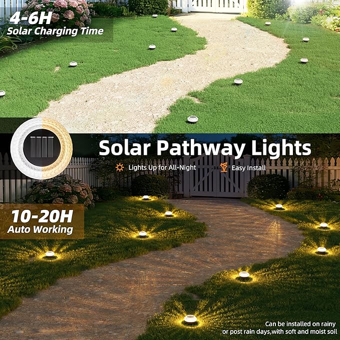 VOLISUN Solar Ground Lights Outdoor,12 Pack Flat Solar Pathway Lights,IP67 Waterproof Solar Powered Disc Lights,Landscape Lighting for Garden Yard Walkway Patio Driveway,Warm White