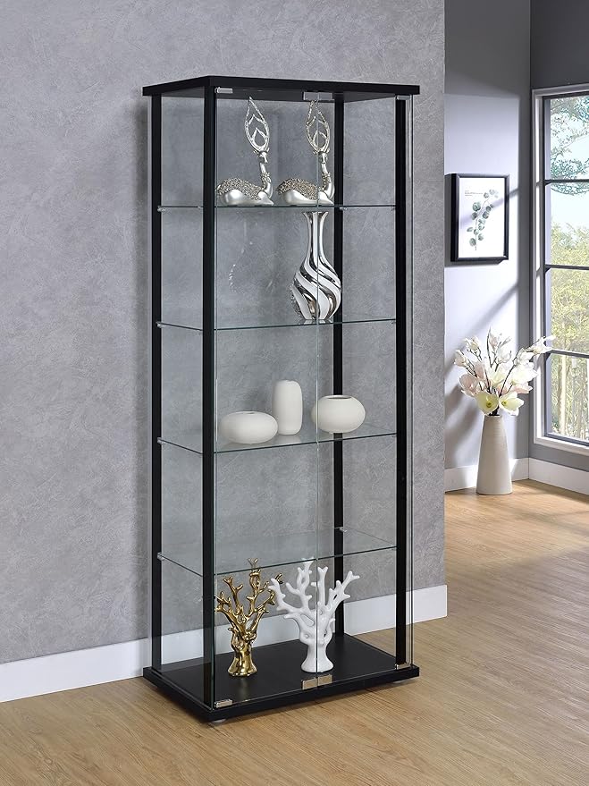 Coaster Home Furnishings - Delphinium - Wood - 5-Shelf Curio Display Cabinet with Tempered Glass Shelves, Push-to-Open Doors and Chrome Hardware - Living Room - Black - 950170