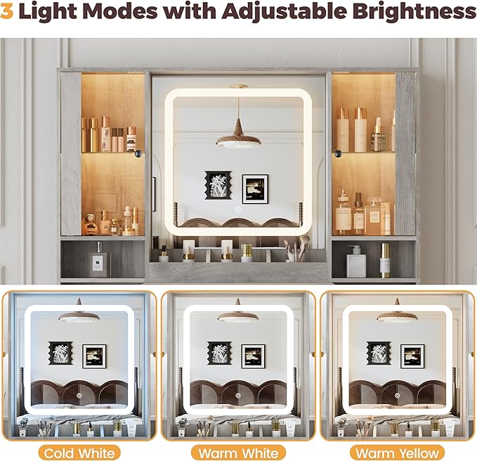 Vanity Desk with Mirror and Lights, Makeup Vanity with 7 Drawers, 2 Glass Door Cabinets, Charging Station, Adjustable Shelves, RGB Lighting, Hair Dryer Holder