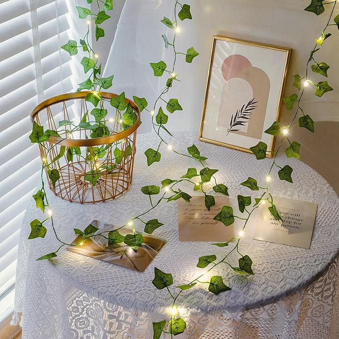 Ivy Vine Garland with 40 LED Fairy Lights – Vintage Greenery Decor with Remote & Timer, Battery or USB Powered for Dorm Room, Bedroom & Creative Wall Decor