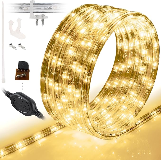 WYZworks 288LEDs 25ft LED Outside Rope Lights, Outdoor ETL Certified Waterproof Permanent 360 Degree Light Emitting, Flexible Tube, Connectable, Christmas Palm Tree Exterior Landscape, Warm White