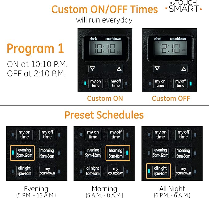 myTouchSmart 26898-P1 Indoor/Outdoor Weather Resistant Digital Plug-in Timer, Custom Presets