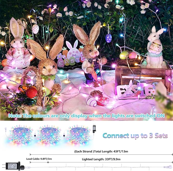 Joomer Easter String Lights 33FT 100 LED String Lights with 8 Modes Timer Connectable Waterproof Plug in Indoor Outdoor, Pastel Fairy light for Easter Decorations