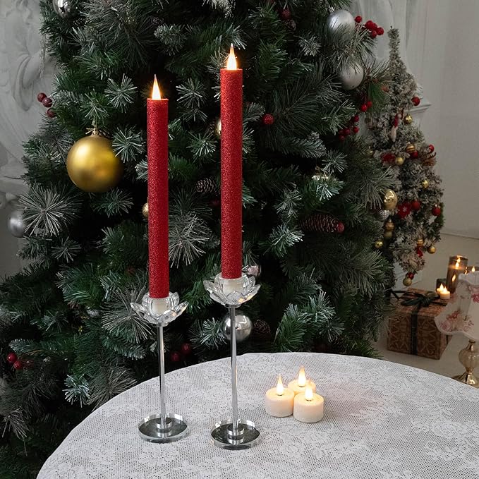 Flameless Taper Candles Flickering with Remote and Timer, 3D Moving Flame Taper Candle Battery Operated to 400 Hours, 9 Inch Window Candles, (Glittter Red)