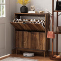 Shoe Cabinet with 2 Flip Fluted Panel Drawers, Hidden Shoe Organizer with Solid Wood Legs, Entryway Shoe Rack Cabinet for Hallway, Walnut