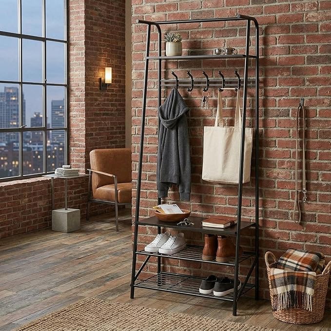 24" Black Hall Tree with Bench and Shoe Storage, Single Row Hooks Coat Rack Freestanding Organizer, Heavy Duty Coat Rack with Shoe Storage, Coat and Shoe Rack Entryway Front Door Foyer