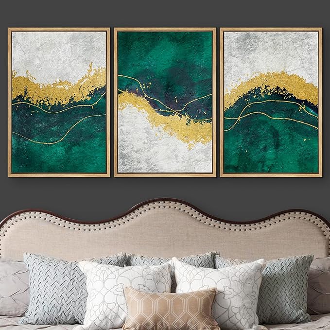 wall26 Framed Canvas Print Wall Art Set Geometric Gold Green Paint Strokes Abstract Shapes Illustrations Modern Art Decorative Multicolor Chic for Living Room, Bedroom, Office - 24"x36"x3 Natural