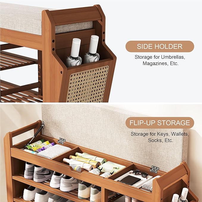 39.4" Bamboo Shoe Rack Bench, 3-Tier Entryway Bench with Thick Cushion, Flip-Top & Side Storage, Holds Up to 550 LBS for Hallway, Living Room, Bedroom