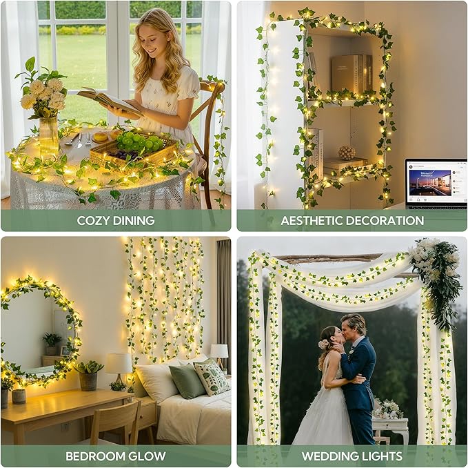 HEYFUNi Vines with Lights, 23 Ft 73 Led Fake Ivy String Lights Plug in, Leaf Lights for Bedroom, Wall, Balcony, Wedding Decor, Warm White
