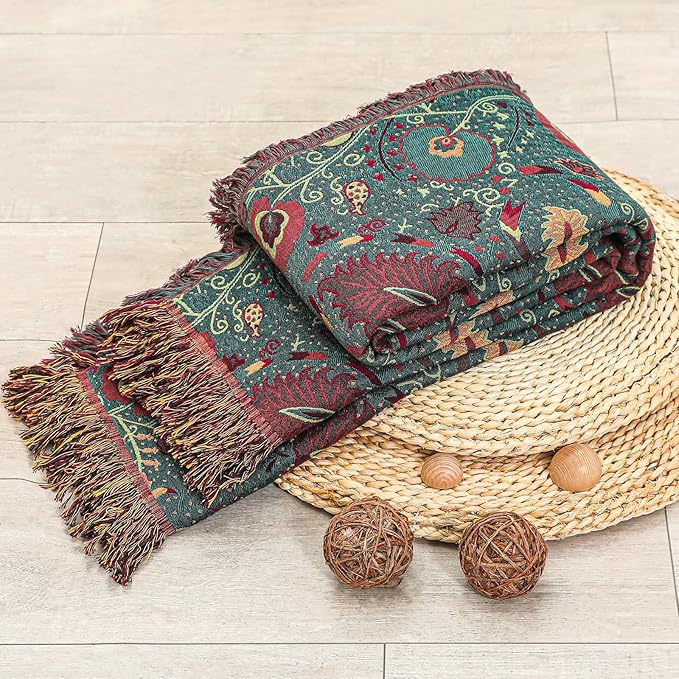 Boho Fall Throw Blanket for Bed,100% Ultra Cotton Soft Breathable Bed Throw Floral Printed Farmhouse Decor Rustic Bed Throws for Couch Sofa Quilt 80" x 90"