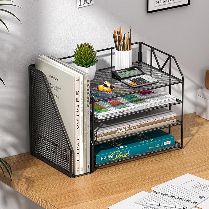 Metal Desk Organizers and Accessories with File Holder – Aesthetic Black Desk Accessories for Women Office Setup – Decorative Desk Set with Magazine Rack – Office Decor for Teen Girls