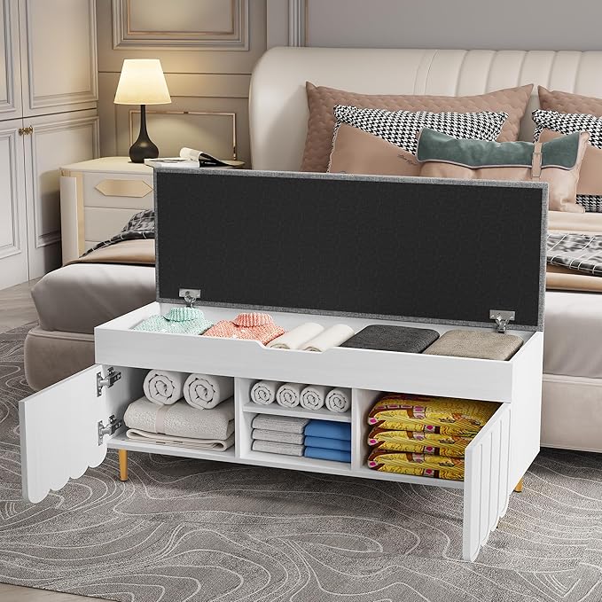 3More 40" Entryway Shoe Storage Bench,Upholstered Hidden Space Beneath Seat Cushion Bench,2-Tier Unique Geometric Shape with Wood Grain,White