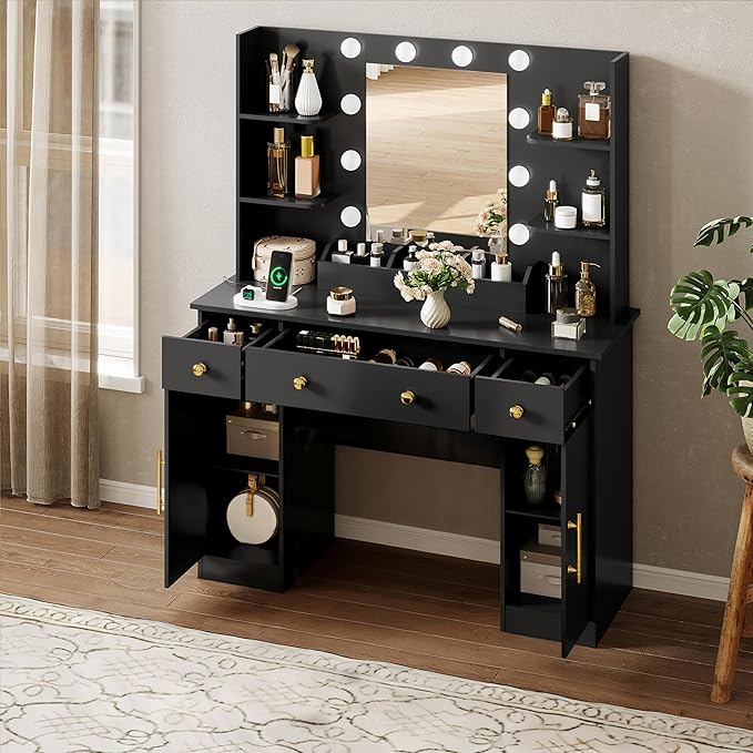Vanity Desk with Mirror and Lights, Makeup Vanity with Mirror and LED Lights & Power Outlet, 3 Drawers and Cabinets, 3 Lighting Modes Dressing Table Set for Girls Women Bedroom,Black