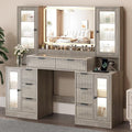 55" Vanity Desk with Mirror & Lights, Fluted Makeup Vanity with 8 Drawers & 4 Cabinets, Tempered Glass Top, RGB Cabinet Lighting, 3-Color Dimmable Mirror, and Charging Station (Gray Wash)