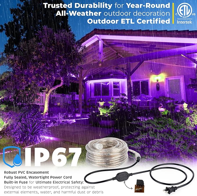 WYZworks 576LEDs 50ft LED Outside Rope Lights, Outdoor ETL Certified Waterproof Permanent 360 Degree Light Emitting, Flexible Tube, Connectable, Christmas Palm Tree Exterior Landscape, Purple