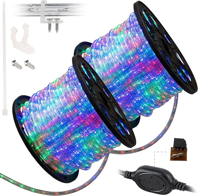 WYZworks 3312LEDs, 300ft LED Outside Rope Lights, Waterproof Permanent Outdoor ETL Certified Connectable Clear Tube, Christmas Palm Tree Holiday Decorative Landscape Patio Accent Lighting - Colorful