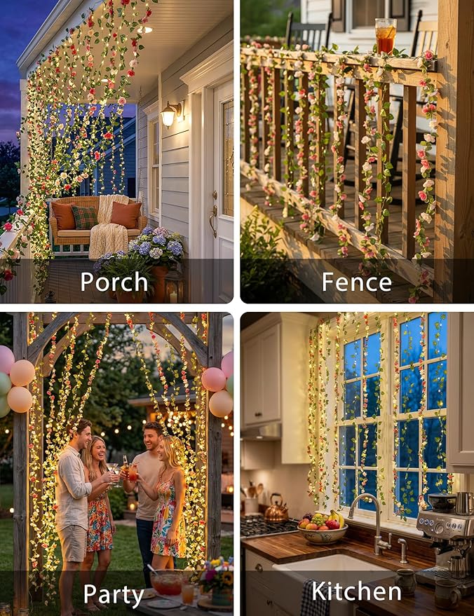 suddus 300 LED Artificial Flower Garland Pothos Vines Curtain Lights, Rose Vines Fairy Lights for Bedroom, Hanging String Lights for Wall, Room, Dorm, Wedding, Party, Indoor Decor 6.56ft x 6.56ft