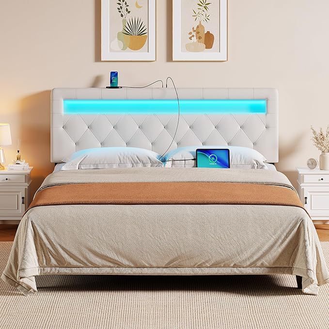 GREENSTELL Headboard for Full Size Bed with 60,000 DIY Color of LED Light, USB & Type C Post, Upholstered, Height Adjustable, Sturdy, Easy Assembly, Wall Mounted Head Boards Only, White
