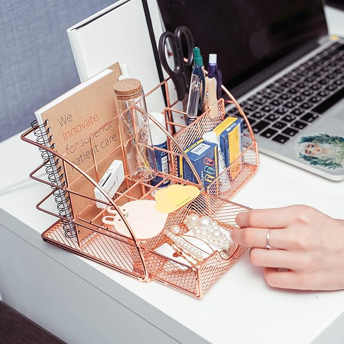 Rose Gold Desk Organizer for Women Cute Home Office Accessories & Supplies Decor, Girly Desktop Stationary Essentials Organization Set, Mesh Caddy Storage 5 Compartments +1 Mini Sliding Drawer