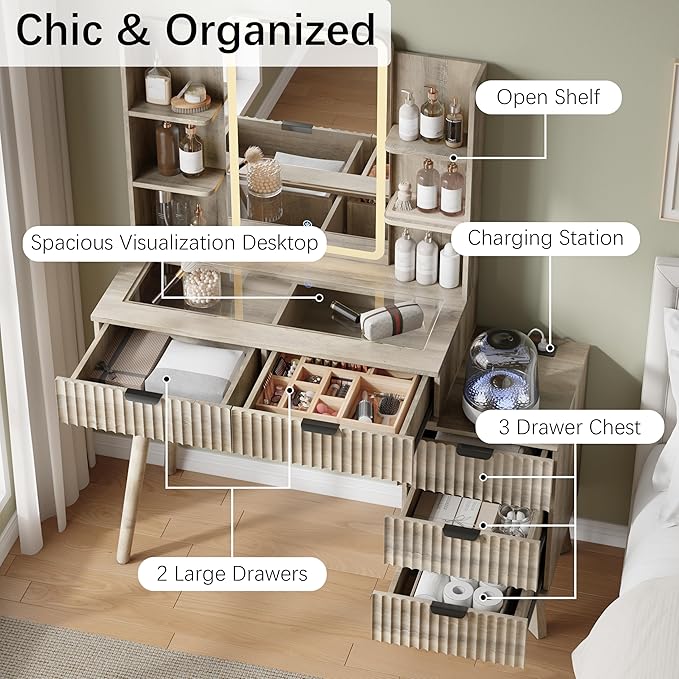 42'' Fluted Makeup Vanity Desk with LED Lights Mirror & Charging Station, Modern Glass Top Vanity Table with 5 Drawers & Open Shelves, Dressing Table for Bedroom, Living Room, Grey