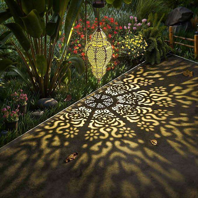 Moroccan Hanging Solar Lights Outdoor Lantern Bidirectional Availabili Garden Decor Waterproof Plastic Gold Decorations for Patio Pathway Yard Backyard Solar Powered Garden Decorative (1, gold)