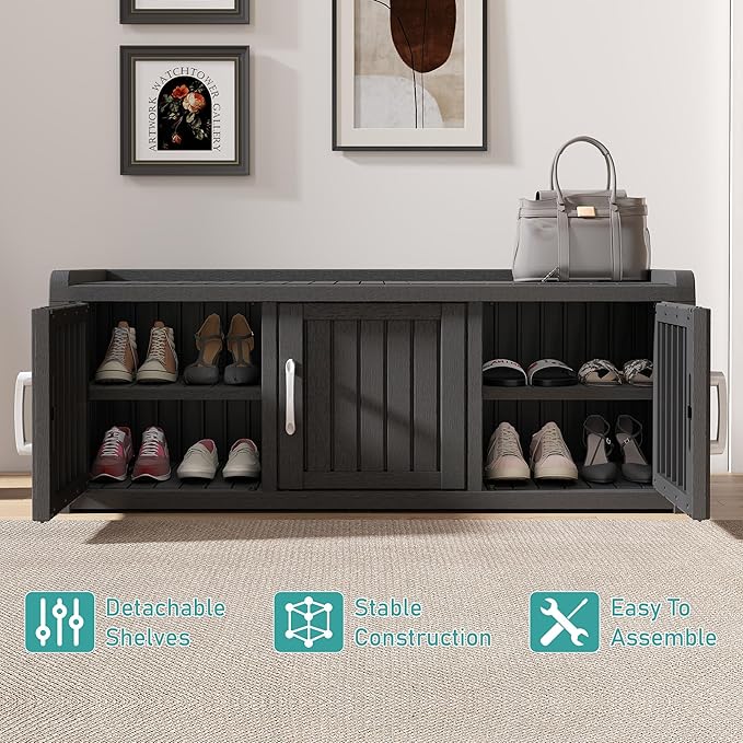 NUNU LAB Shoe Storage Cabinet, Waterproof Shoe Organizer with Adjustable Shelves, UV-Resistant Entryway Shoe Cabinet Bench with 3 Barn Doors for Indoor Outdoor, Foyer, Hallway, Living Room,Black