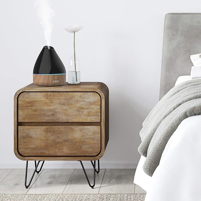 Pure Enrichment PureSpa Natural Aromatherapy Oil Diffuser (Black) - Ultrasonic Air Deodorizer with 200ml Water Tank, Wood-Grain Accents, Soft Color-Changing Lights, and Auto Safety Shut-Off