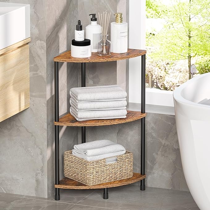 Corner Plant Stand Shelf, 3 Tier Small Shelf Plant Stand for Indoor Plants, Rustic Brown Corner Bookshelf Wall Decor Living Room, 23.2" Display Shelf for Bedroom, Bathroom, Small Space