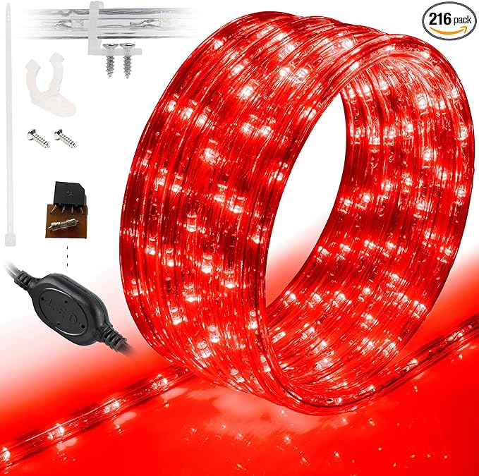 WYZworks 216LEDs 20ft LED Outside Rope Lights, Outdoor ETL Certified Waterproof Permanent 360 Degree Light Emitting, Flexible Tube, Connectable, Christmas Palm Tree Exterior Landscape, Red