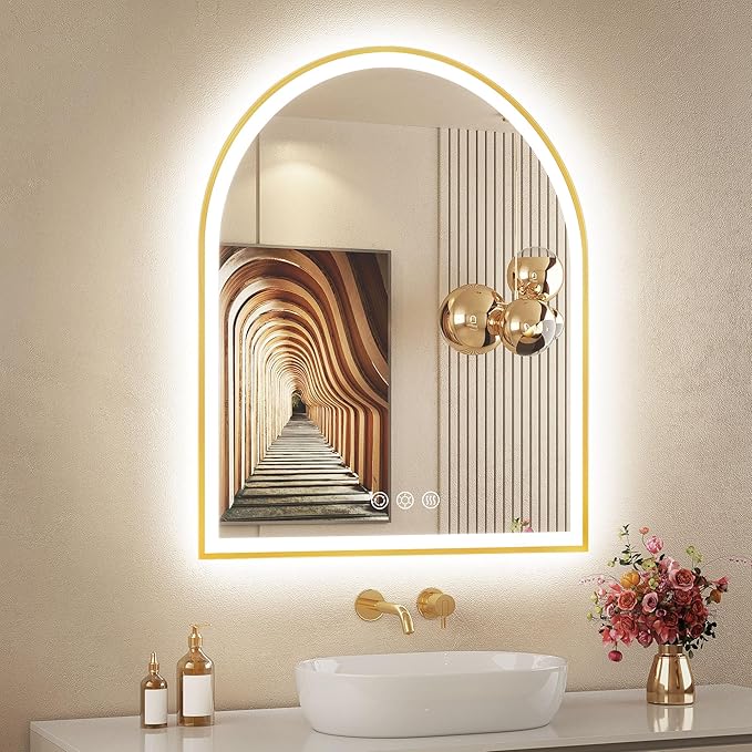 Arched LED Mirror for Bathroom 24"x30", Brushed Gold Lighted Bathroom Mirror with Lights, Fogless, Dimmable, Shatterproof, Touch Sensor, 3 Color Changing