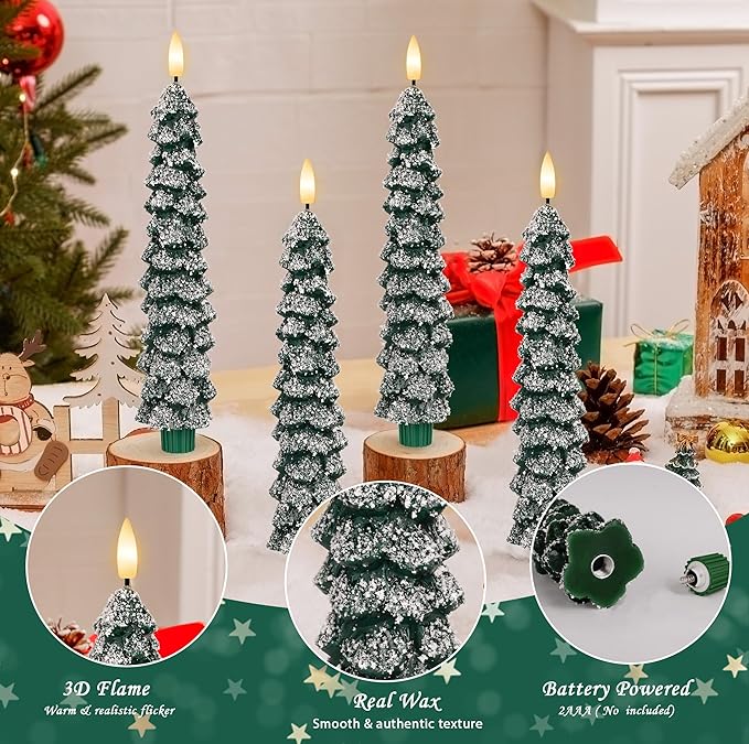 Christmas Tree Candles with Snow, 9.6" Green Real Wax Flameless Taper Candles with Remote, Flickering Xmas Candlesticks for Home, Party Decor, 4 Pack