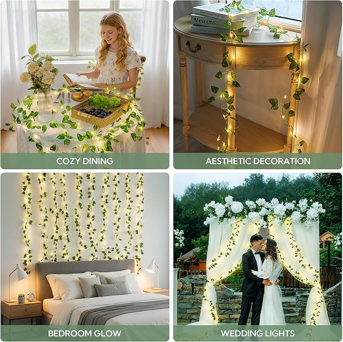 HEYFUNi Vines with Lights, 23 Ft 73 Led Faux Pothos Vines with Fairy Lights USB/Battery Operated, Leaf String Lights for Bedroom, Wall, Balcony, Wedding Decor, Warm White