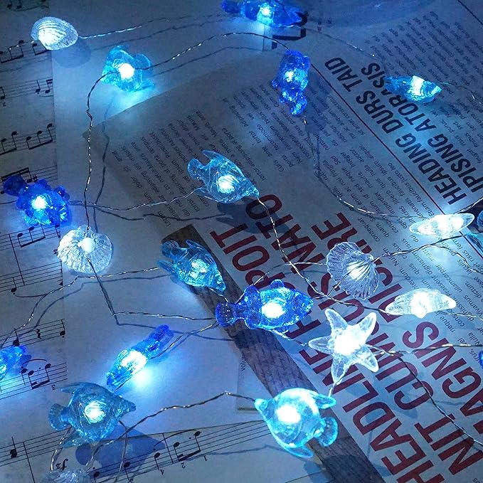 Decorman Sealife String Lights 14ft 40 LED 8 Modes Cool White Weatherproof Battery Operated Ocean Theme Lights for Bedrooms Parties Weddings Gardens with Remote and Timer