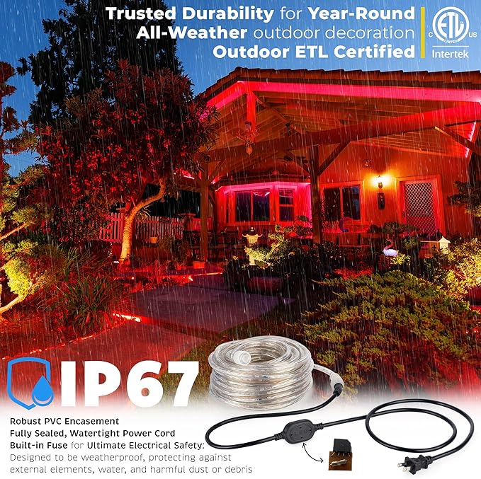 WYZworks 216LEDs, 20ft LED Outside Rope Lights, Waterproof Permanent Outdoor ETL Certified Connectable Clear Tube, Christmas Palm Tree Holiday Decorative Landscape Patio Accent Lighting - Red