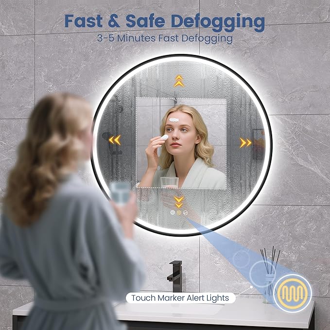 STARLEAD 24" Black Frameless Round LED Bathroom Mirror with Bluetooth Speaker, Dimmable Lighting, 3 Color Modes, Anti-Fog, Touch Control Wall Mounted Vanity Mirror