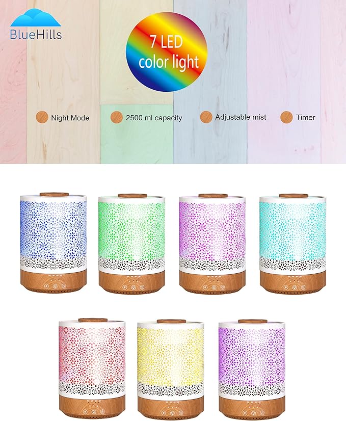 BlueHills Premium 2500 ML Set of 2 Extra Large Essential Oils Diffusers for Big Rooms High Mist Output XL Huge Capacity Adjustable Cool Mist Great Gift – Wood Grain and a Design