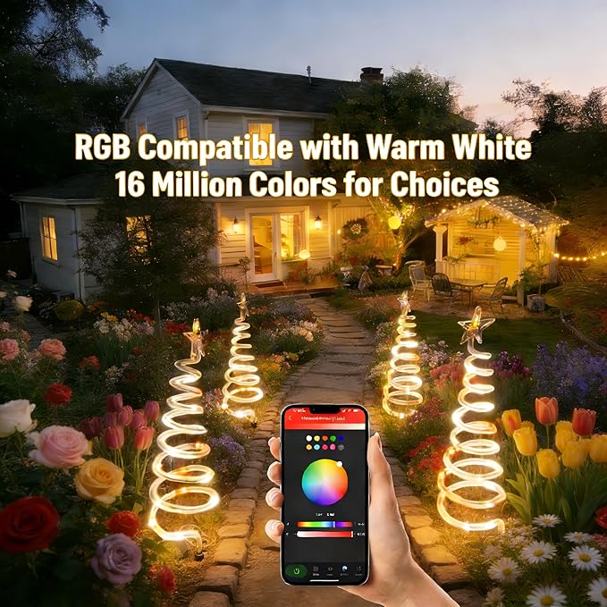 4 Pack Smart Spiral Pathway Lights Outdoor, DIY RGB Color Changing, 80+ Lighting Modes, Remote & App Control, Timer, IP67 Waterproof Landscape Path Lights for Holiday Yard, Garden & Patio Decor Lights