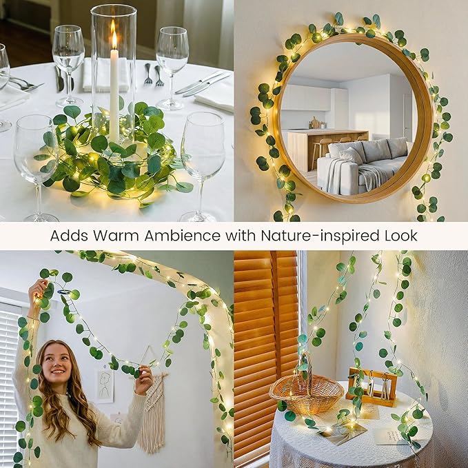 Eucalyptus Garland with 40 LED Fairy Lights – Lighted Greenery Vine with Remote & Timer, Dual Power (USB/Battery), IP44 for Cozy Home, Mantel, Wedding & Spring Decor