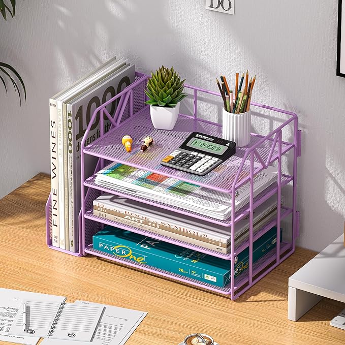 Purple Desk Organizers and Accessories with File Holder – Aesthetic Desk Accessories for Women – Decorative Office Set with Magazine Rack – Room Desk Accessories for Teen Girls Office Setup
