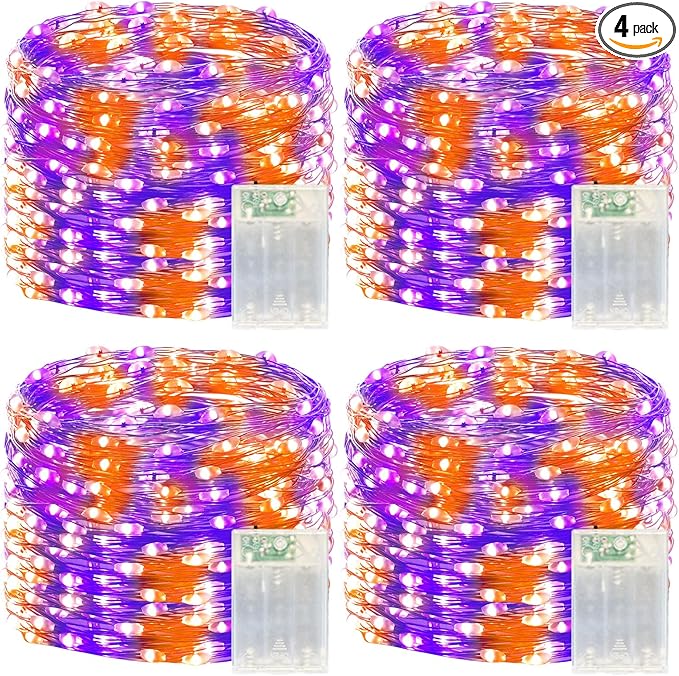 4 Pack 240LED Halloween Fairy Lights Battery Operated - 20FT Twinkle Lights with 2 Lighting Modes Indoor, Waterproof Led Fairy String Lights for Christmas, Bedroom, Dorm, DIY Decor, Purple & Orange