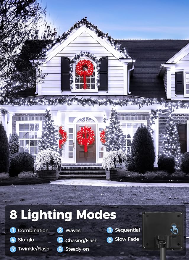 Solar String Lights Outdoor, 2 Pack Total 80 FT 200 LED Solar Powered String Lights with 8 Lighting Modes, Waterproof Patio Lights, Outdoor Solar Lights for Outside Tree Balcony Gazebo, Pure White