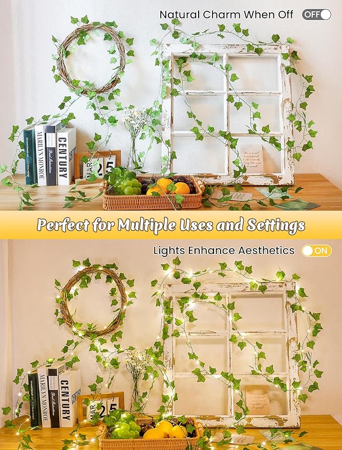 YOUNGAR Ivy Vines with Fairy Lights, Battery/USB Operated Leaf String Warm White Lights, 23FT 73LED Vine Lights with Remote for Bedroom Garland Wedding Birthday Garden Party Wall Room Headboard Decor