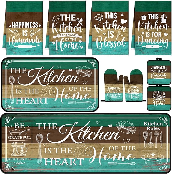 Fourluoo 10 Pcs Farmhouse Kitchen Decor and Accessories Set 4 Kitchen Towels 2 Pot Holders 2 Oven Mitts 2 Rugs for Cooking Baking Mom Housewarming Gifts(Green,Classic Style)