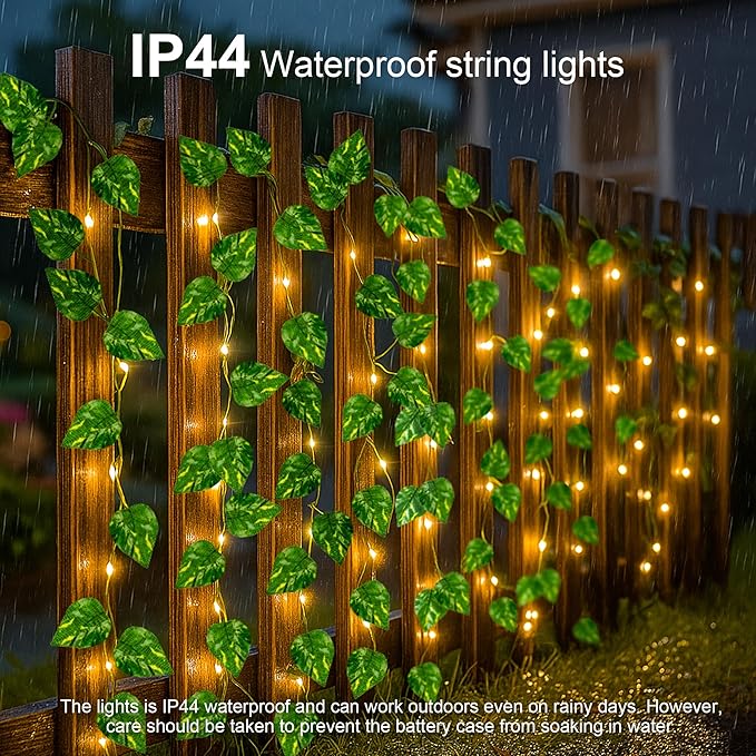 YOUNGAR Pothos Vines with Fairy Lights,Leaf String Warm White Lights Battery/USB Operated,23FT 73LED Fake for Bedroom Wall Room Wedding Birthday Garden Party Wall Room Decor