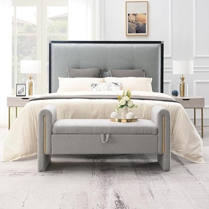 Modern 52" Storage Ottoman Bench, Upholstered End of Bed Storage Bench with Armrests, Entryway Bench, Teddy Foot Rest Stool for Living Room Hallway Bedroom (Grey)